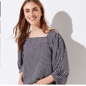 LOFT Square Neck Puff Sleeve Blouse,  Black and White Stripe, Small